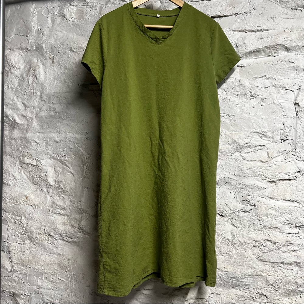 Olive green linen tunic midi dress